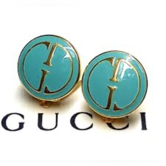 GUCCI Vintage Blue Enamel & Gold GG Clip on Earrings ๐๐ - Picture 1 of 5